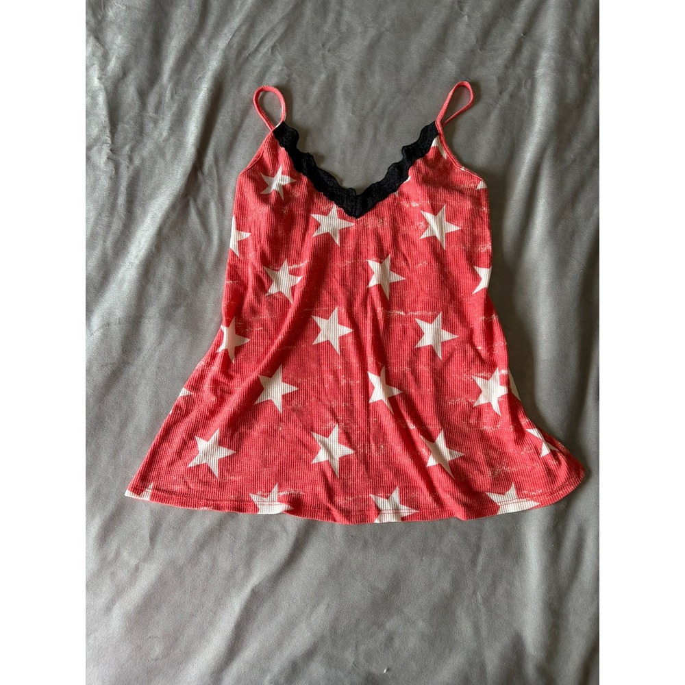 Blumin Apparel Red Star Print Lace Trim Waffle Knit Cami Tank Top 2XL T6187
